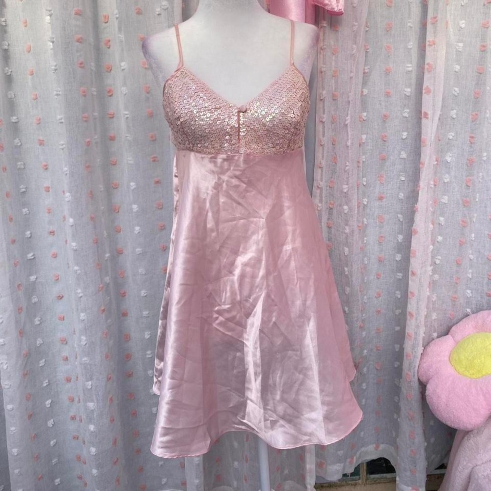 Vintage Victoria Secret Babydoll Mini Slip Dress Baby Pink Sequined Size Small